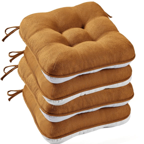 XIECUVA Chair Cushions for Dining Chairs, Set of 4, Memory Foam Kitchen Chair Cushions with Quilted Non-Slip Rubber Backing, 15.5" x 15.5" x 3.5", Caramel Color