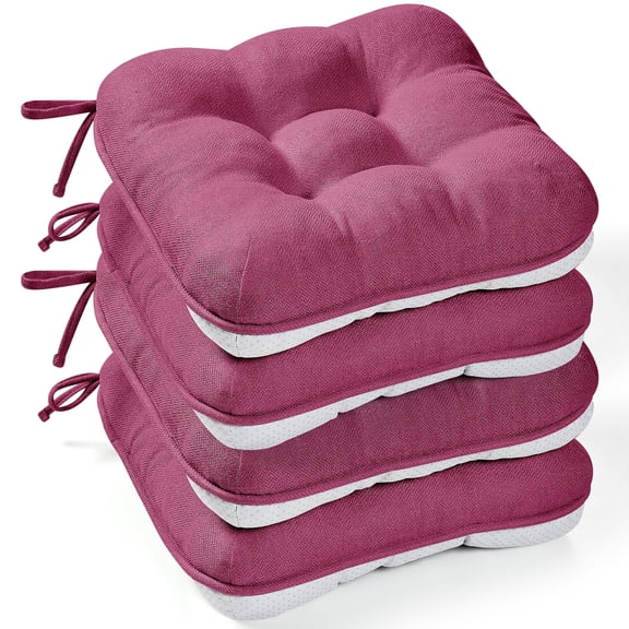 XIECUVA Chair Cushions for Dining Chairs, Set of 4, Memory Foam Kitchen Chair Cushions with Quilted Non-Slip Rubber Backing, 15.5" x 15.5" x 3.5", Rose Red