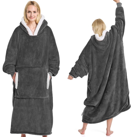 XIECUVA Wearable Blanket Hoodie, Flannel Sherpa Fleece, Warm and Cozy Giant Sweatshirt for Adult, Woman and Man, One Size Fits All (Dark Gray)