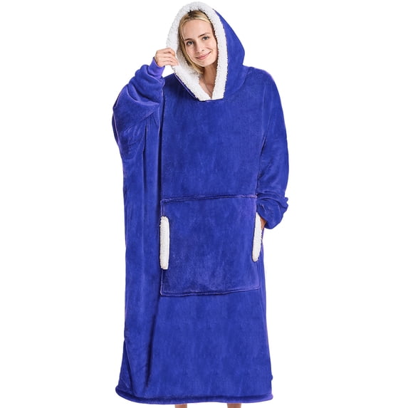 XIECUVA Wearable Blanket Hoodie, Flannel Sherpa Fleece, Warm and Cozy Giant Sweatshirt for Adult, Woman and Man, One Size Fits All (Klein Blue)