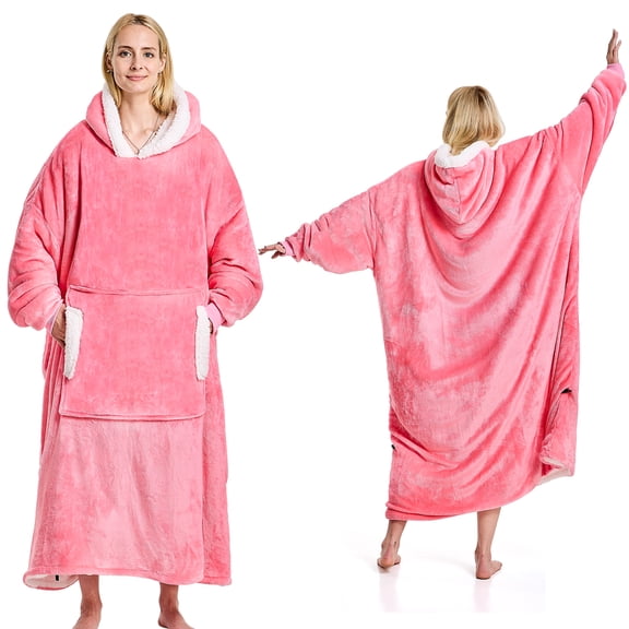XIECUVA Wearable Blanket Hoodie, Flannel Sherpa Fleece, Warm and Cozy Giant Sweatshirt for Adult, Woman and Man, One Size Fits All (Pink)