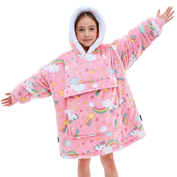XIECUVA Wearable Blanket Hoodie for Kids, Soft Double Layer Sherpa Fleece Sweatshirt,Teen Gifts for Kids, Youth, Boys, Girls, One Size, Fluorescent Rainbow