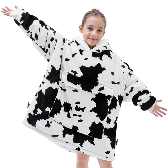 XIECUVA Wearable Blanket Hoodie for Kids, Soft Double Layer Sherpa Fleece Sweatshirt,Teen Gifts for Kids, Youth, Boys, Girls, One Size, Cow