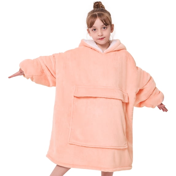 XIECUVA Wearable Blanket Hoodie for Kids, Soft Double Layer Sherpa Fleece Sweatshirt,Teen Gifts for Kids, Youth, Boys, Girls, One Size, Yellow Pink