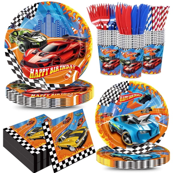 XIENBLOC 168pcs Race Car Party Supplies Racing Car Plates Napkins Birthday Party Decorations Disposable Paper Cups and Straws Tableware Set for Kids Boys Birthday Decor 24 Guests Y114