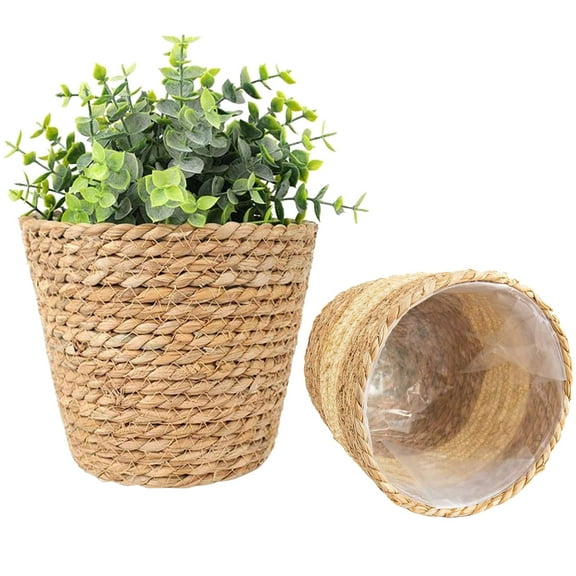 XIEULQP 2 Pcs Large Premium Seagrass Planter Basket with Plastic Lining Natural Stylish Planter Baskets Indoor Outdoor Plants Woven Wicker Baskets for Plants Flower Pots Cover & Room Decor 5x6x7 in