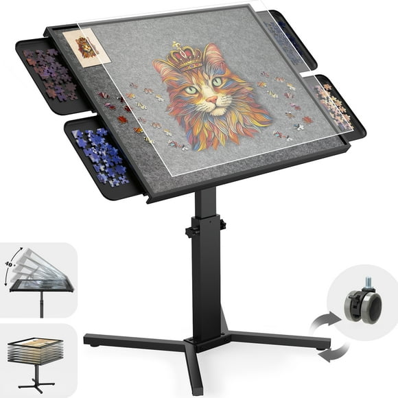 XIEWEI 2000 Pieces Jigsaw Puzzle Table with Drawers & Legs, 30"x42" Large Puzzle Table for Adults, Adjustable Height &12 Tilting Angles, Wooden Puzzle Board with 4 Drawers & Cover