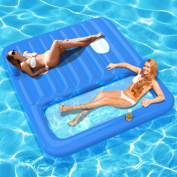XIEWEI  71x71" Inflatable Tanning Lounger w/ Headrest & Cup Holder - Adult Pool Float for Sunbathing, Lake or Pool Use