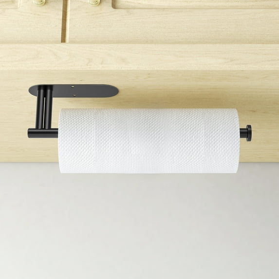 XIGOO Paper Towel Holder Under Cabinet , Adhesive or Drilling Paper Roll Holder Wall Mount for kitchen ,Black