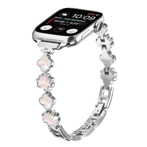 XIHAMA 14mm Clover & Mother-of-Pearl Watch Band for Women, Compatible with Apple Watch 38/40/41/42mm Series 1-10, Stainless Steel Metal Bracelet with Secure Clasp