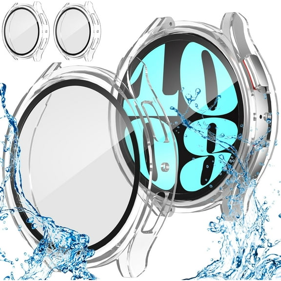 XIHAMA 2-Pack Waterproof Case for Samsung Galaxy Watch 6 44mm 40mm, Hard PC Bumper Tempered Glass Screen Protector Cover Case for Galaxy Watch 6 44mm 40mm