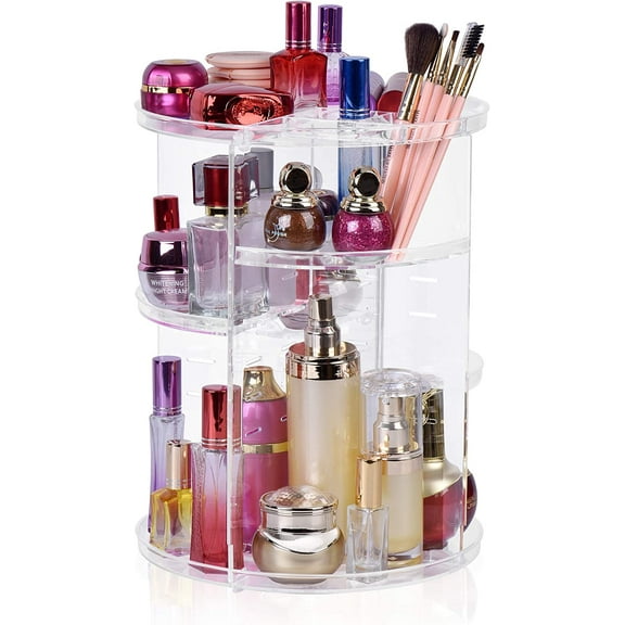 XIHAMA 360 Rotating Makeup Organizer, Adjustable Multi-Function Cosmetic Storage Organizer, Large Capacity Jewelry Perfumes Display Stand Box (Clear)