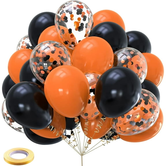 XIHAMA Black Orange Balloons Kelfara 60pcs 12 Inch Matte Black Orange Latex Balloons and Confetti Balloons for Halloween Celebration Trick or Treat Party Ghost Party Bar Decoration