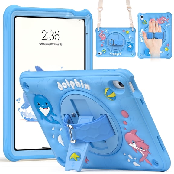 XIHAMA Case for iPad 10th Generation 10.9" for Kids Boys, Heavy Duty Rugged Cute Cartoon Dolphins Cover with Screen Protector+Swivel Stand+Handle Strap, Azure Blue