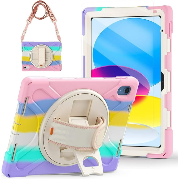 XIHAMA Case for iPad 10th Generation Case 10.9 Inch Kids Girls 2022 | iPad 10th Gen Case with Screen Protector+Rotating Stand+Hand Strap | Cute Case for iPad 10th Generation-Colorful Pink