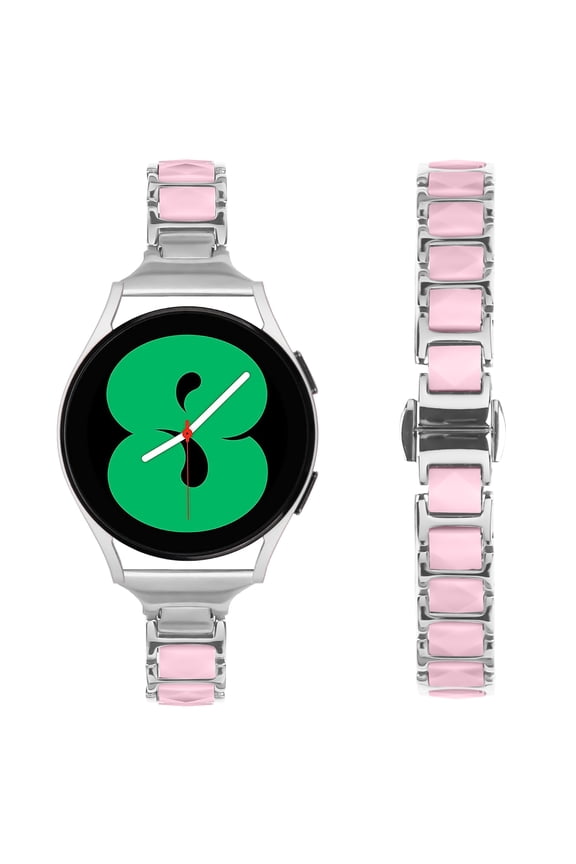 Compatible with Samsung Galaxy Watch 7/6, 20mm Stainless Steel Metal Band with Ceramic Accents, Tapered Design & Fold Clasp (Two-Tone Black/Pink)