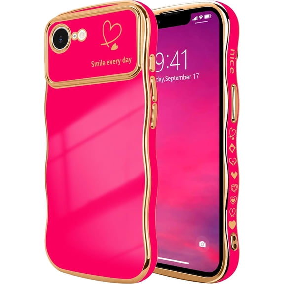 XIHAMA Compatible with iPhone 16e/17e Case Cute for Women Girls Wave Shape, Luxury Plating Curly Wavy Frame with Love Heart Pattern, Raised Camera Protection Back Cover Shockproof Phone Case
