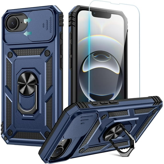 XIHAMA Compatible for iPhone 16e Case with Screen Protector, Slide Camera Cover Protective Phone Case with Ring Stand, Heavy Duty Shockproof Rugged Bumper for iPhone 16e Accessories
