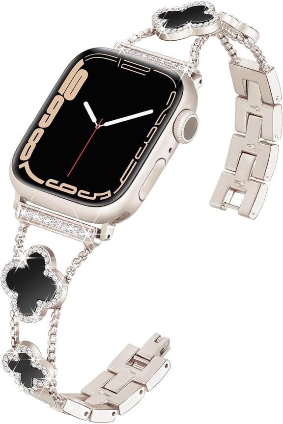 Four-Leaf Clover Band for Apple Watch Bands 42mm 41mm 40mm 38mm, Lightweight for Women, Easy Adjustable Bracelet, Shiny Diamond Jewelry Metal Straps iWatch Series 10 9 8 7 6 5 4 3 SE