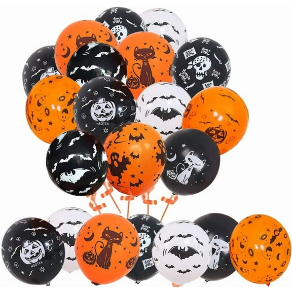 XIHAMA Halloween Decoration Latex Balloons, 100 12-inch Pumpkin Bat Ghost Skull Spider Web Balloons for Halloween Party Supplies Trick or Treat Toys