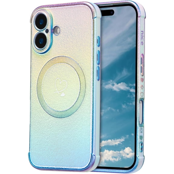 XIHAMA Magnetic iPhone 16/Pro/Plus/Pro Max Case, Cute Luxury Rainbow Color Phone Case with Love Heart Pattern, Electroplated Edge Camera Lens Protection Shockproof Phone Case for Women