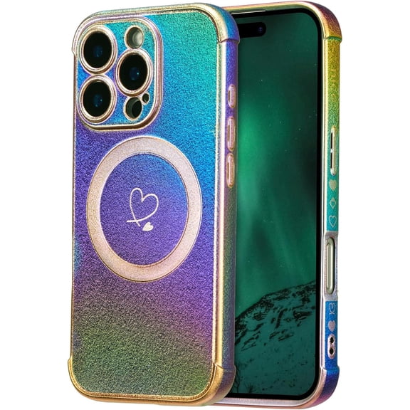 XIHAMA Magnetic iPhone 16/Pro/Plus/Pro Max Case, Cute Luxury Rainbow Color Phone Case with Love Heart Pattern, Electroplated Edge Camera Lens Protection Shockproof Phone Case for Women