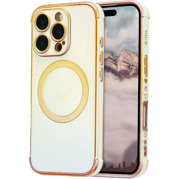 XIHAMA Magnetic iPhone 16/Pro/Plus/Pro Max Case, Cute Luxury Rainbow Color Phone Case with Love Heart Pattern, Electroplated Edge Camera Lens Protection Shockproof Phone Case for Women