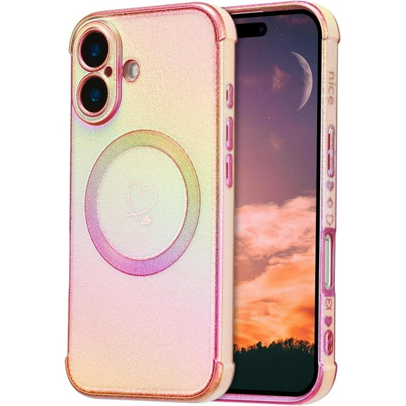 XIHAMA Magnetic iPhone 16/Pro/Plus/Pro Max Case, Cute Luxury Rainbow Color Phone Case with Love Heart Pattern, Electroplated Edge Camera Lens Protection Shockproof Phone Case for Women
