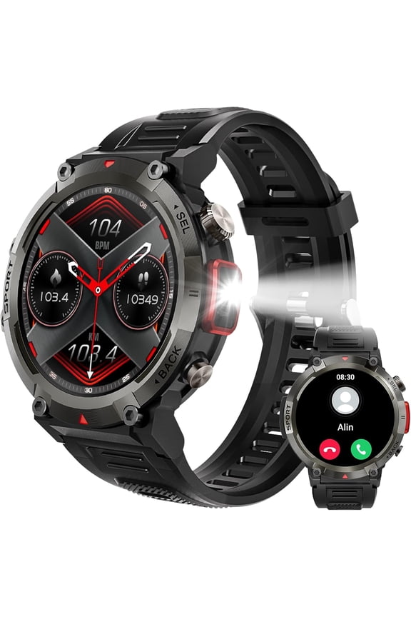 Men's Smartwatch (Answer/Make Calls) with LED Flashlight, 1.45 Inch Full Touch Screen Outdoor Tactical Smartwatch with 100+ Sports Modes, Fitness Tracker with Health Monitor for iPhone Android
