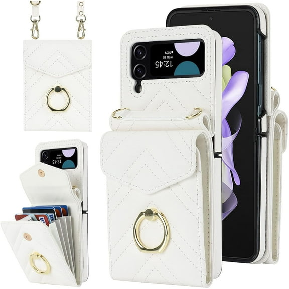 XIHAMA Phone Case Compatible for Galaxy Z Flip 3 5G 2021 Wallet Cover with RFID Blocking Ring Crossbody Wrist Strap Stand Card Holder Leather Slot Cell Accessories ZFlip3 Z3 Flip3 3Z Women Men