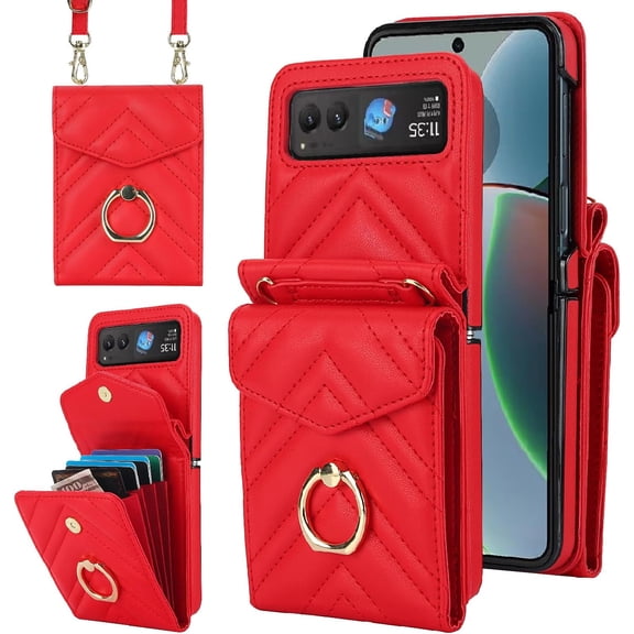 XIHAMA Phone Case Compatible for Motorola Razr 40/Moto Razr 2023 Wallet Cover with RFID Blocking Ring Crossbody Wrist Strap Stand Credit Card Holder Leather Purse Cell Accessories XT2323-6 Women
