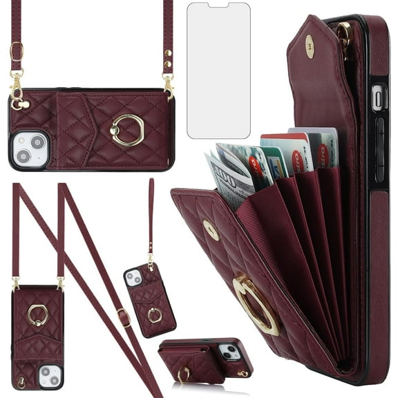 XIHAMA Phone Case Compatible for iPhone 14 6.1 inch Wallet Cover with Tempered Glass Screen Protector and Wrist Strap Ring RFID Blocking Card Holder Slot Cell iPhone14 5G Case Women