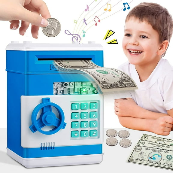 XIHAMA Piggy Bank Toys for 4 5 6 7 8 Year Old Boys Gift Ideas, Real Money Saving Box for Boys Toys Age 6-8-10, Christmas Birthday Gifts for 4 5 Year Old Boys ATM Machine for Kids 3-5, Blue Stuff