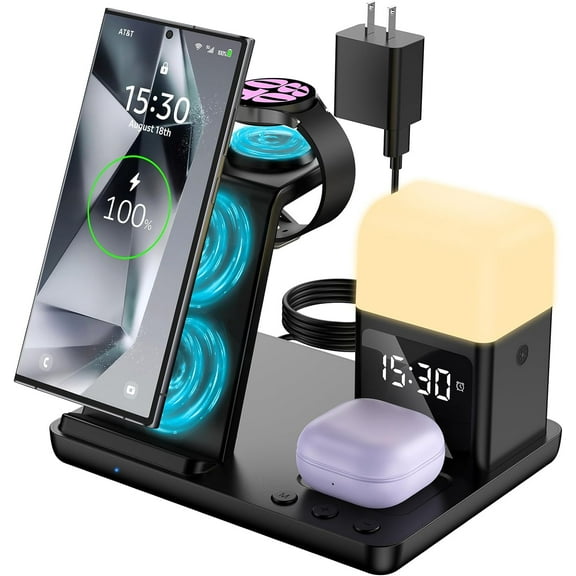 XIHAMA Samsung Wireless Charging Station, 6-in-1 Wireless Charger with Digital Alarm Clock and Night Light, Compatible with Z Fold4/Flip/S24/S23 Ultra/S22/S21/S20, Galaxy Watch 7/6/5/4/3/LTE