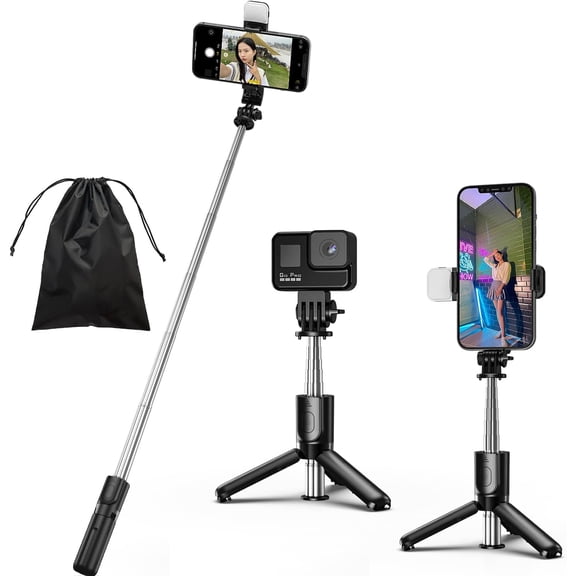 XIHAMA Selfie Stick, 4 in 1 Mini Selfie Stick Tripod with Light, Extendable and Portable Stable Tripod Stand Holder with Detachable Wireless Remote Compatible with iPhone GoPro Camera Smartphones
