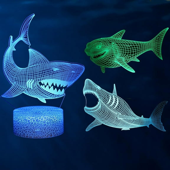 XIHAMA Sharks Night Light for Kids Boy Girl Bedroom, 3D Illusion Lamp 3 Patterns 16 Colors Changing Dimmable Room Decor, Touch & Remote Control, Birthday Christmas Gift Baby Toddler Teenage