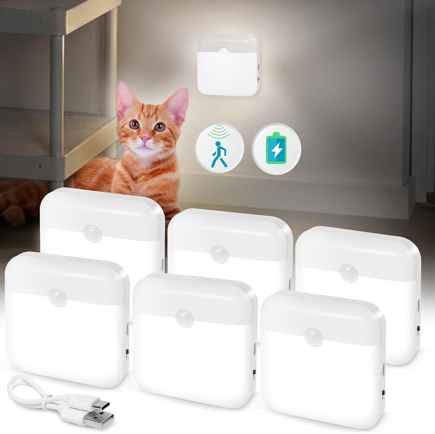 XIHAMA USB Rechargeable Battery Night Light Indoor,Stick-on Motion Sensor Puck Night Lights-No Need Plug Into Wall, Mini Motion Sensor Closet Lights for Stair Hallway Bedroom Toilet Cabinet