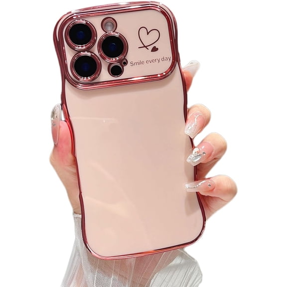 XIHAMA for iPhone 16/Plus/Pro Max/Pro Case ,Cute Curly Wave Frame Case with Love Heart Pattern,Luxury Plating Edge Full Camera Protection Shockproof Phone Case for Women