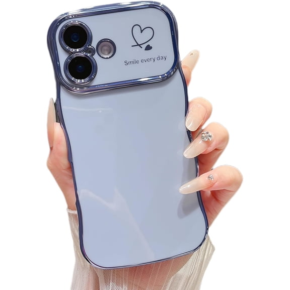 XIHAMA for iPhone 16/Plus/Pro Max/Pro Case ,Cute Curly Wave Frame Case with Love Heart Pattern,Luxury Plating Edge Full Camera Protection Shockproof Phone Case for Women