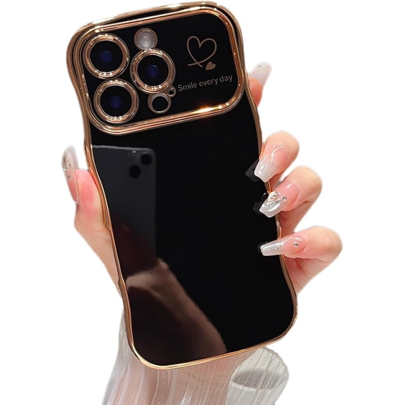 XIHAMA for iPhone 16/Plus/Pro Max/Pro Case ,Cute Curly Wave Frame Case with Love Heart Pattern,Luxury Plating Edge Full Camera Protection Shockproof Phone Case for Women