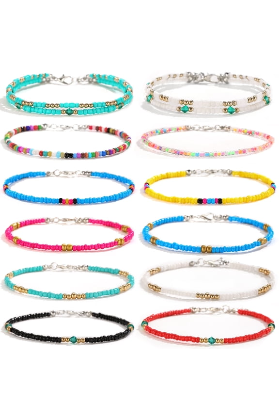 12Pcs Handmade Beaded Anklets for Women Boho Colorful Beads Ankle Bracelets Set