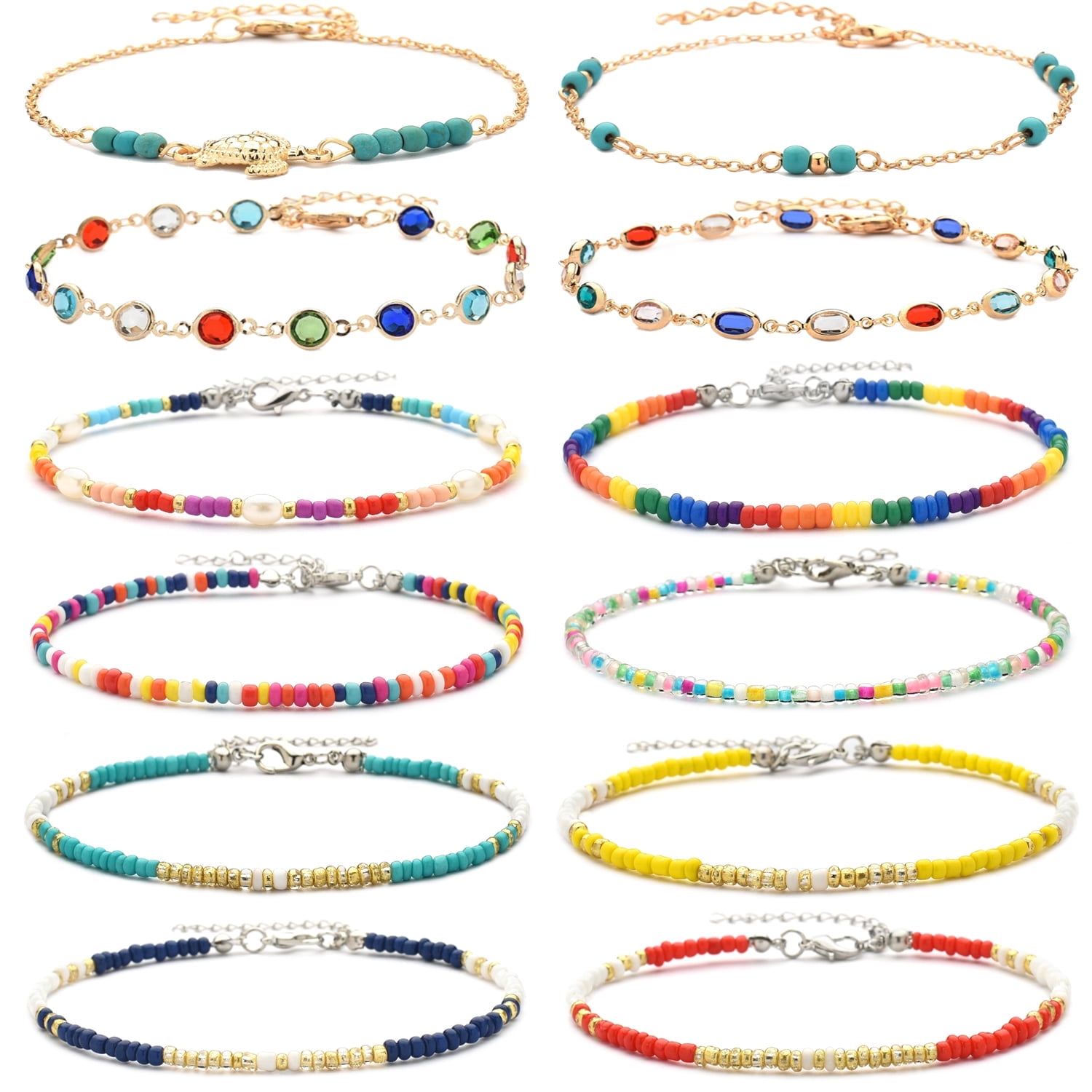 XIJIN 12Pcs Small Beaded Anklets for Women Handmade Colorful Boho Beads ...