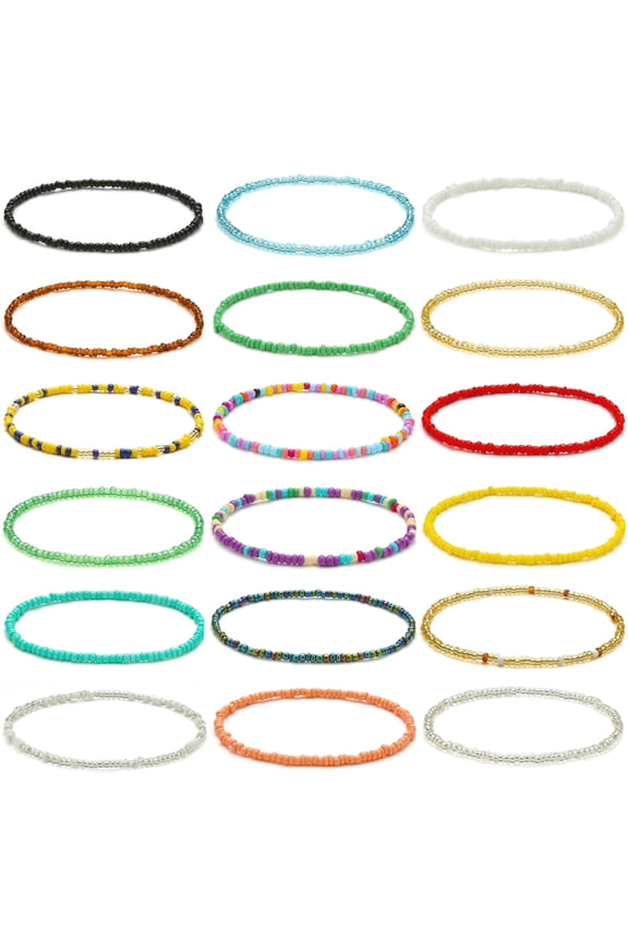 18Pcs Elastic Beaded Anklets for Women Boho Mutilcolor Beads Ankle Bracelets Set
