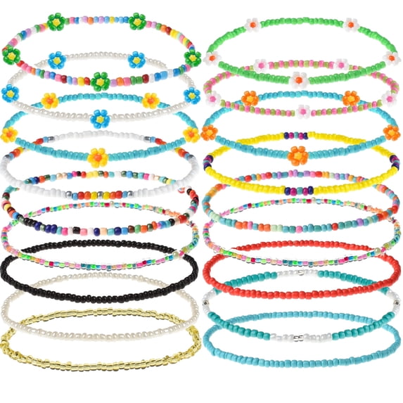 XIJIN 18Pcs Flower Beaded Anklets for Women Mutilcolor Boho Elastic Beads Ankle Bracelets