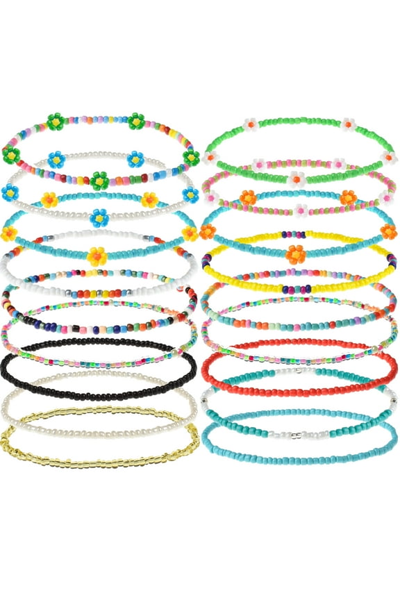 18Pcs Flower Beaded Anklets for Women Mutilcolor Boho Elastic Beads Ankle Bracelets