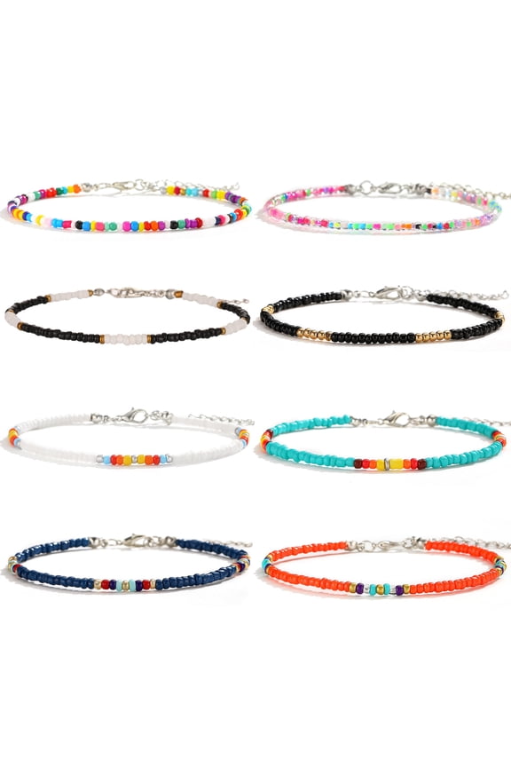 8Pcs Handmade Beaded Anklets for Women Boho Colorful Beads Ankle Bracelets Set