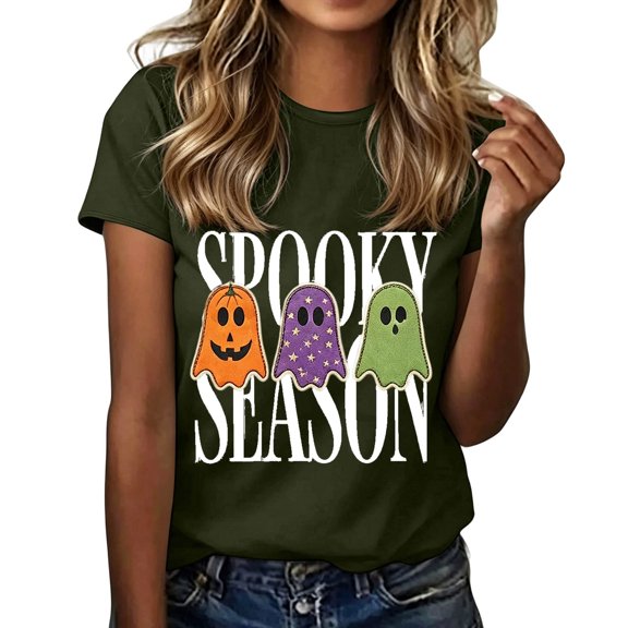 XIJUREN Halloween Shirts for Women Spooky Season Leopard Ghost Graphic T Shirt Short Sleeve Crew Neck Casual Fall Halloween Pullover Tops S