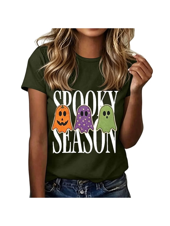 Halloween Shirts for Women Spooky Season Leopard Ghost Graphic T Shirt Short Sleeve Crew Neck Casual Fall Halloween Pullover Tops XXL