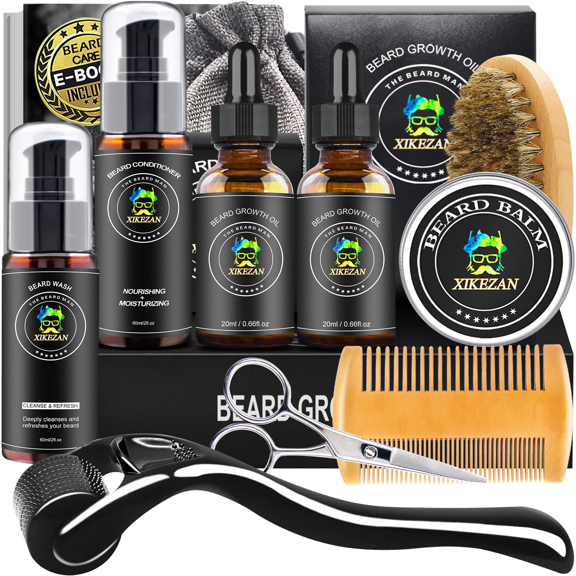 XIKEZAN Beard Growth Grooming Kit,W/Beard Roller,Beard Growth Oil
