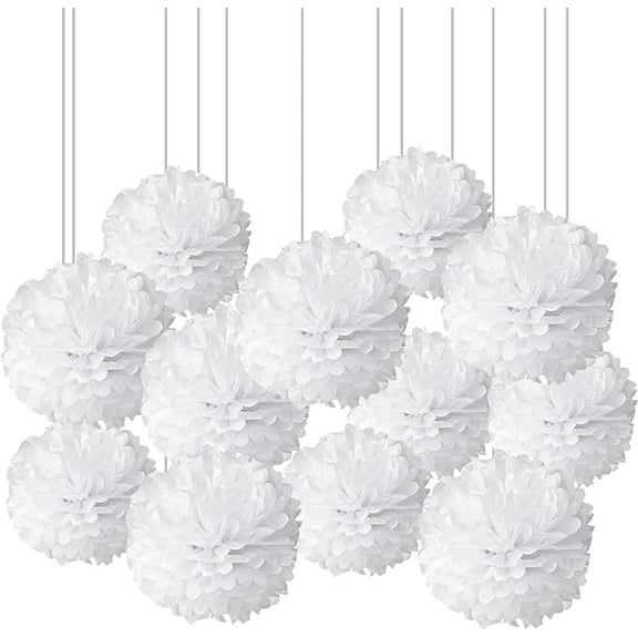 XIKSXITN 12pc White Tissue Paper Pompoms-Hanging Paper Pom Poms Paper Flowers Ball for Party Decorative(10&12inch)
